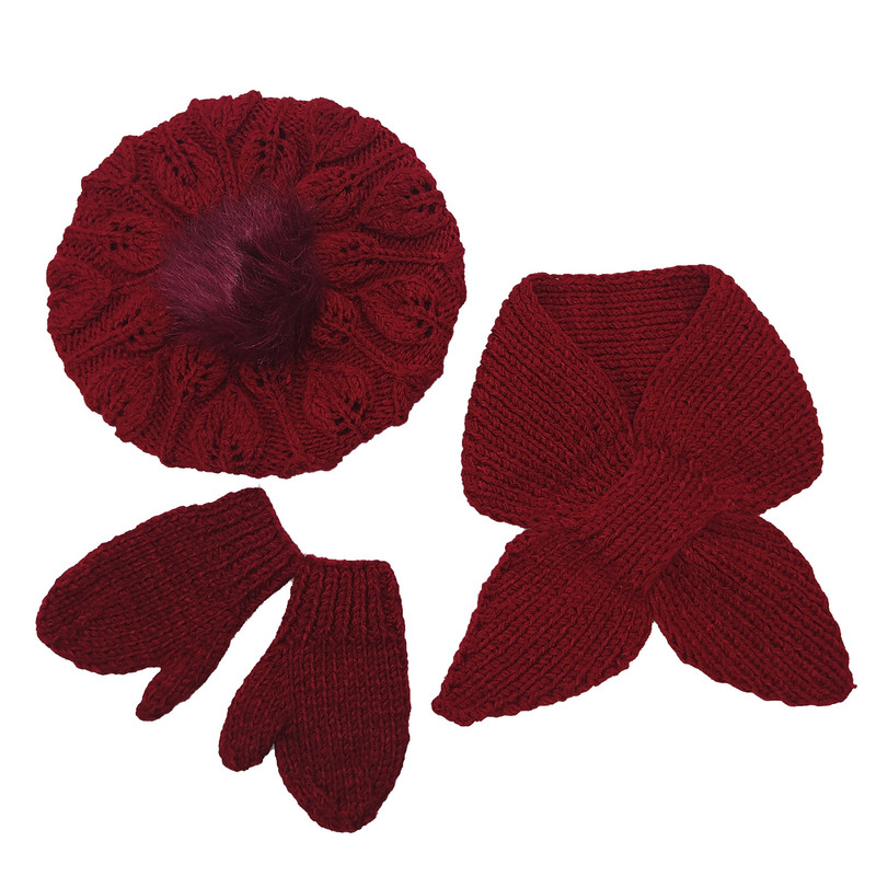 ست کلاه و شال گردن و دستکش دخترانه مدل برگی Zer10